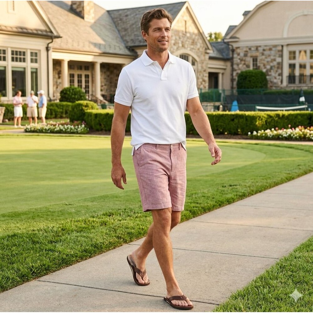 J. Hilburn Oxford Linen Cotton Blend Red Tailored Fit Shorts Mens Size 32x9